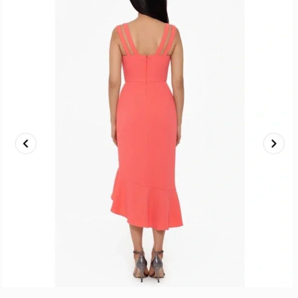 XSCAPE WOMENS 14 Double Strap Crepe Dress Coral HI LOW SLEEVELESS RUFFLE NWT NEW - Picture 2 of 11
